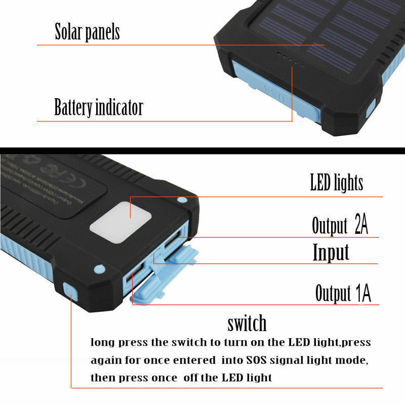 50000Mah Solar Power Bank Portable External Battery Dual USB Phone Charger