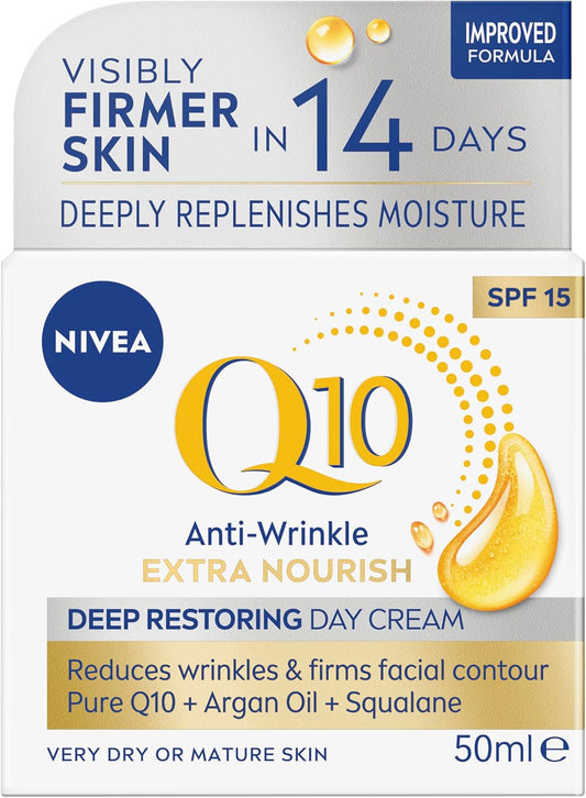 Q10 Anti-Wrinkle Nourishing Day Cream SPF 15 50Ml | Anti-Ageing Face Moisturiser | with Q10 & Argan Oil | Lasting 24-Hour Nourishment | Firms Skin | Reduces Signs of Aging