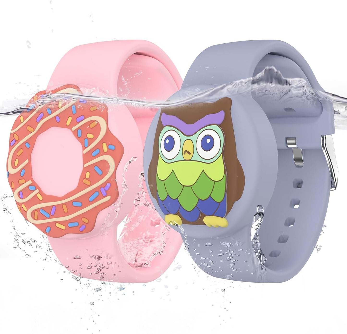 Waterproof Air Tag Bracelets for Kids (2 Pack) - Soft Silicone Hidden Air Tag Wristband - Lightweight GPS Tracker Holder Compatible with Apple Airtag Band for Child-Donut & Owl